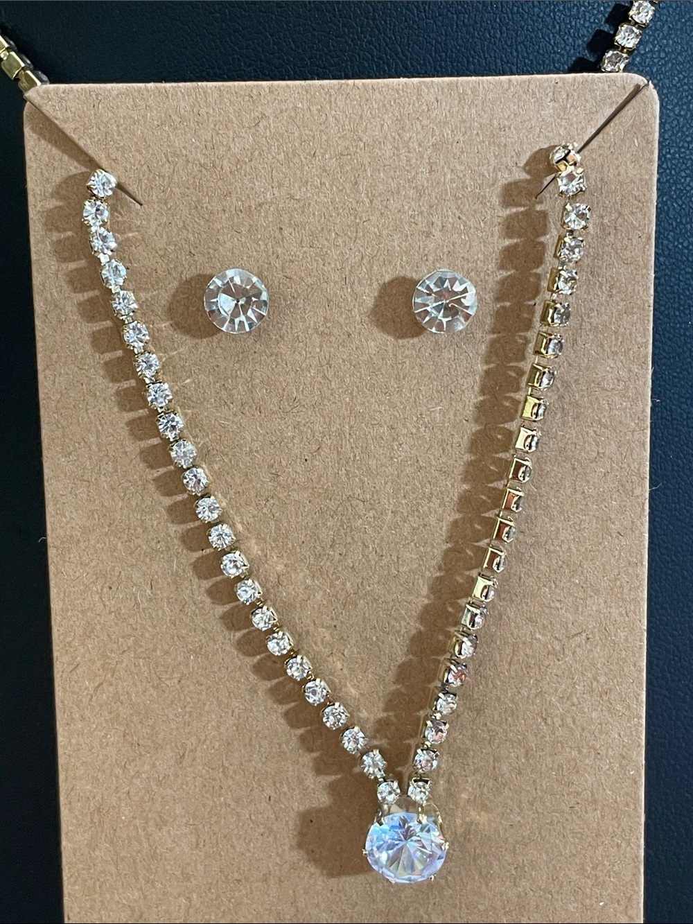 Gold Rhinestone Necklace & Stud Earring Set with Clear Crystal Pendant 9.5” drop
